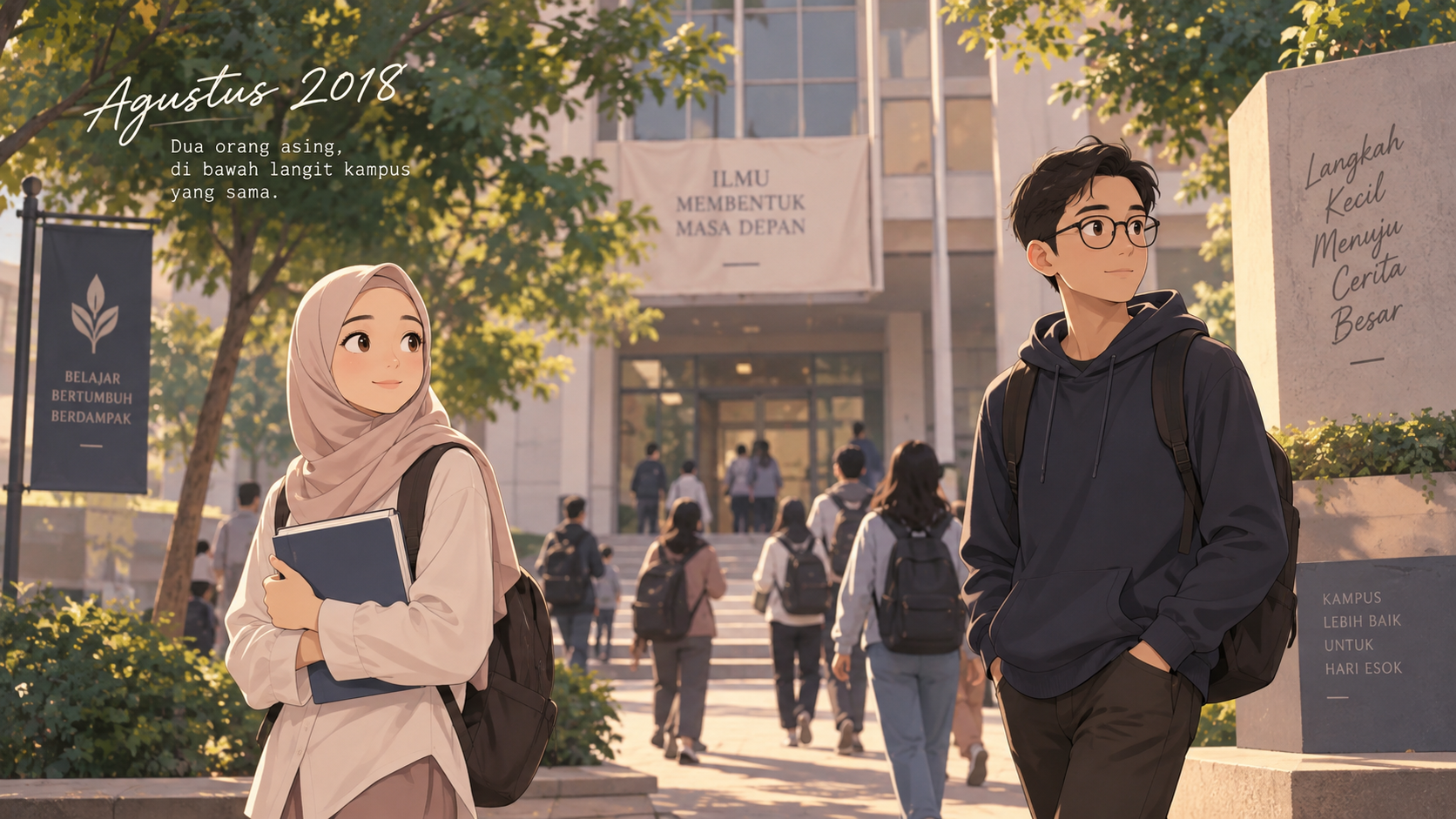 Ilustrasi Tyas dan Faris: awal pertemuan sebagai mahasiswa baru pada Agustus 2018
