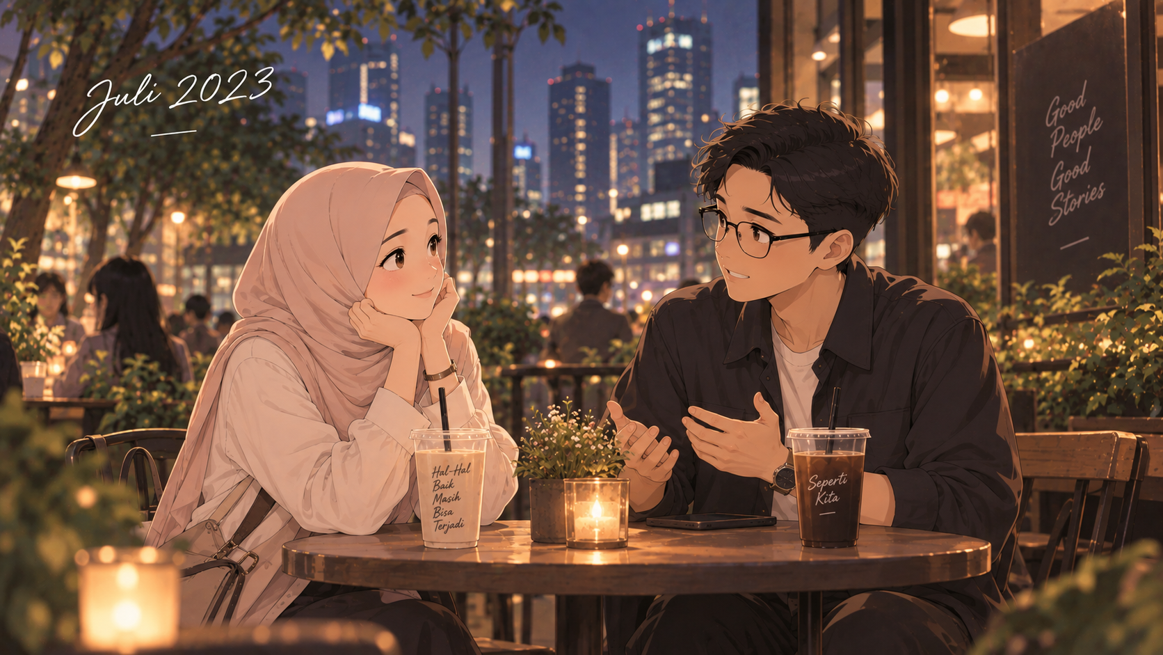 Ilustrasi Tyas dan Faris: kebersamaan saat berbincang pada Juli 2023